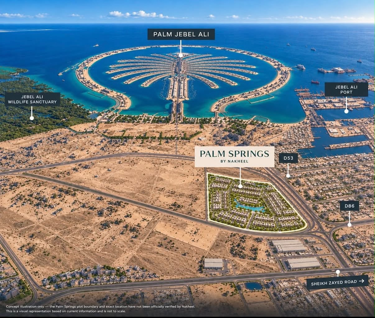 Concept illustration showing a proposed Palm Springs community near Palm Jebel Ali. Exact location and boundary are unverified by Nakheel; not to scale.